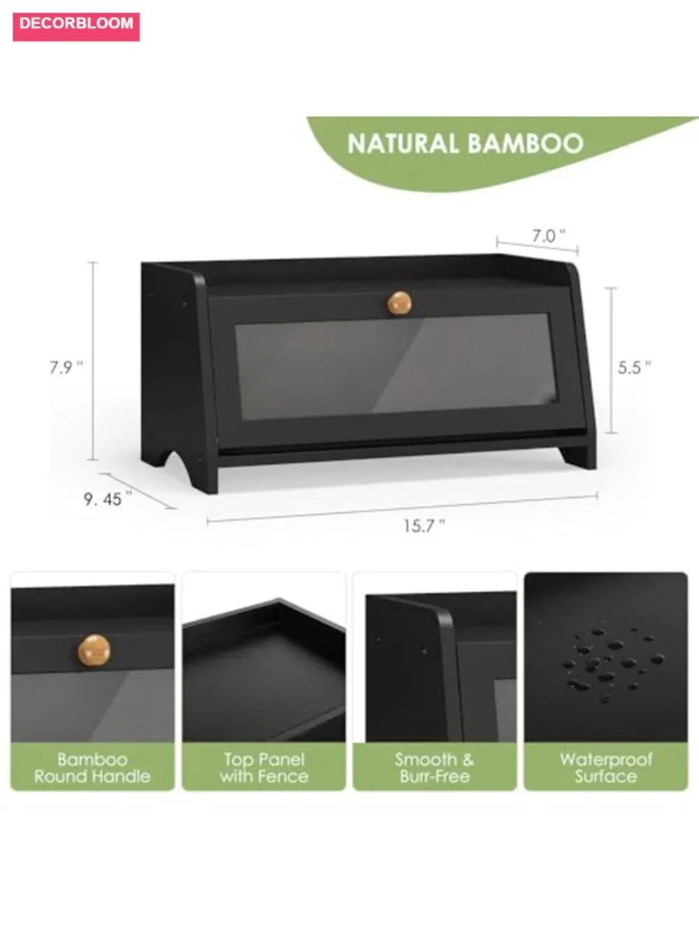 Bamboo Bread Box with Window and Magnetic Latch for Kitchen Countertop Storage